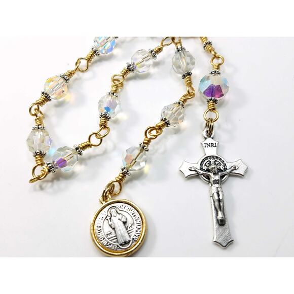 St. Benedict Clear Handmade One Decade Rosary, Clear Swarovski Decade Beads - Picture 1 of 10